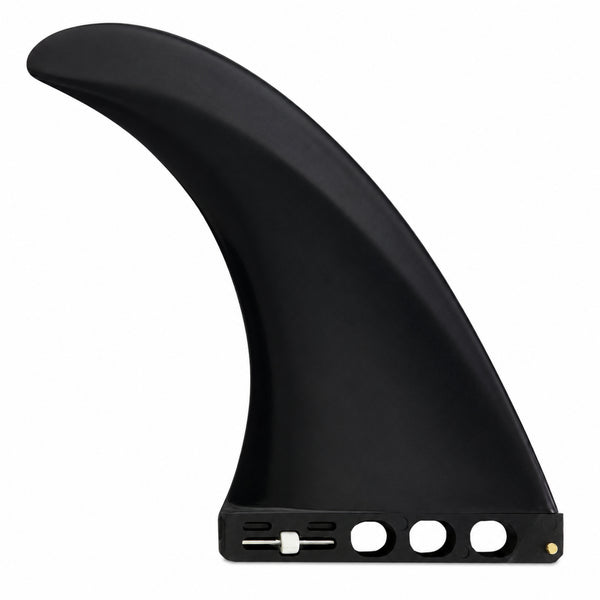 A single black curved surfboard fin blade shown on a plain white background, with mounting holes and a small brass pin visible at the base.