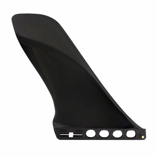 A single black surfboard fin blade shown on a plain white background, photographed from the side to reveal its curved profile and mounting holes.